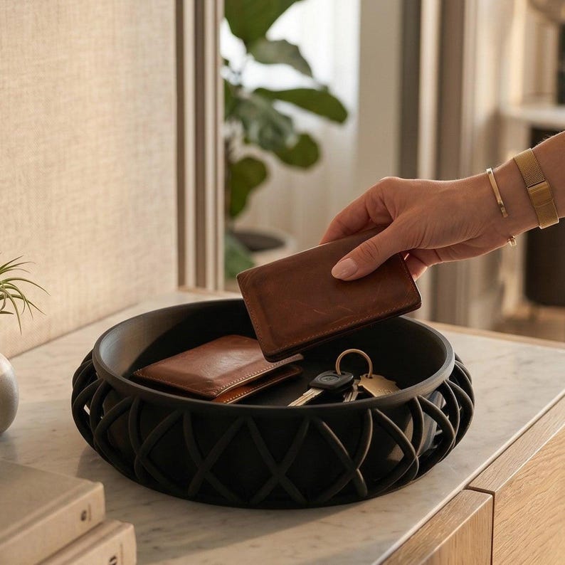Basket-Style Catchall Tray: Entryway Key and Wallet Organizer — close-up detail, 3D printed home decor made in Malta