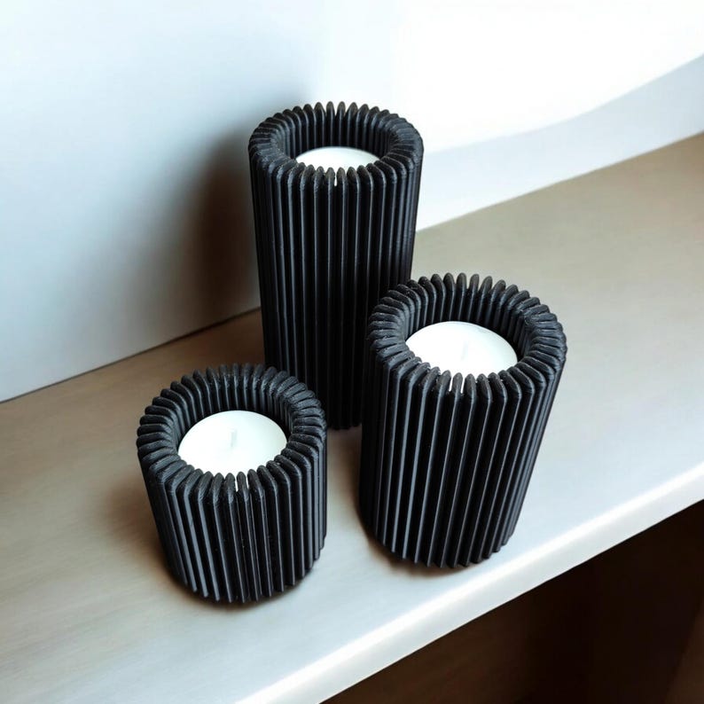 Ribbed LED Candle Holder Set, Modern Minimalist Table Centrepiece, Scandinavian Decor image 3