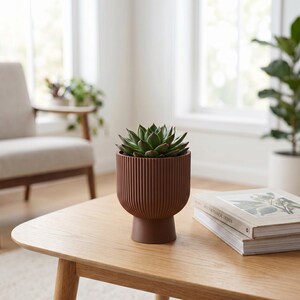 Sereno Ribbed Pedestal Planter, Modern Indoor Plant Pot with Drainage, Minimalist Home Decor image 8
