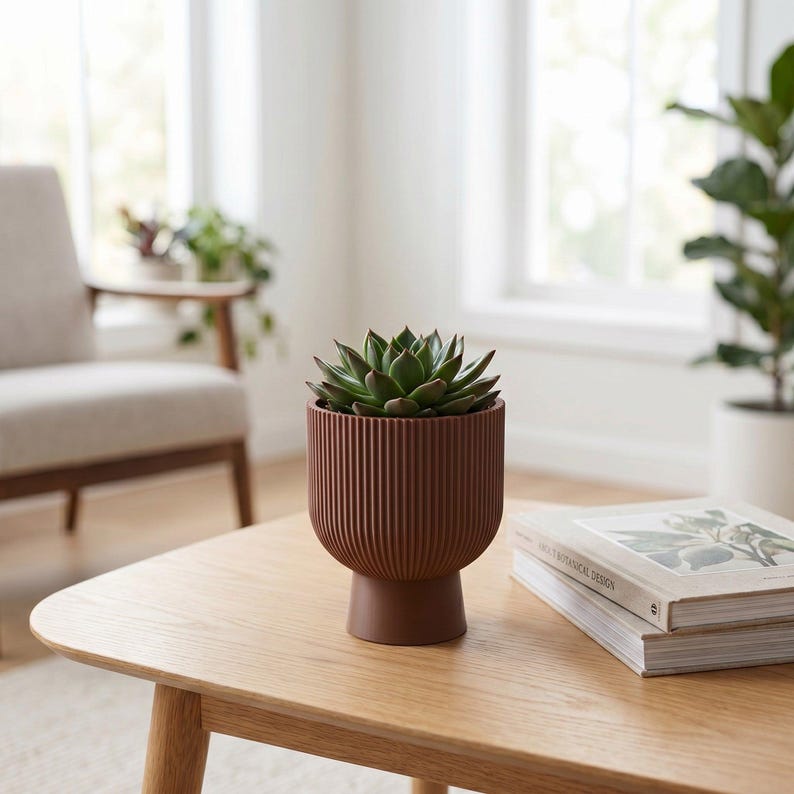 Sereno Ribbed Pedestal Planter, Modern Indoor Plant Pot with Drainage, Minimalist Home Decor image 8