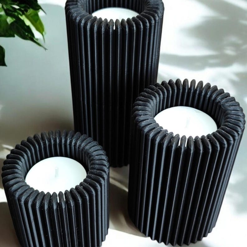 Ribbed LED Candle Holder Set: Flameless Table Decor — close-up detail, 3D printed home decor made in Malta