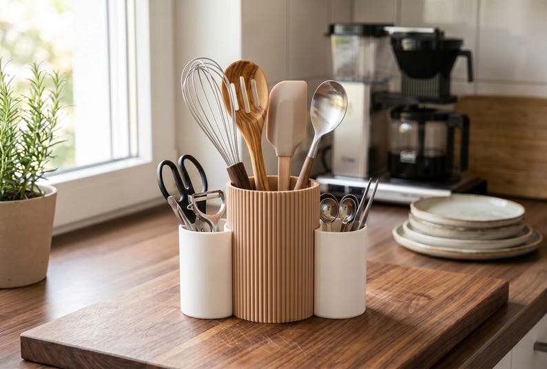 May include: A kitchen utensil holder featuring a central ribbed tan cylinder flanked by two smaller smooth white cylindrical containers. The holder contains a metal whisk, a wooden slotted spoon, a silicone spatula, a metal ladle, scissors, and a peeler.