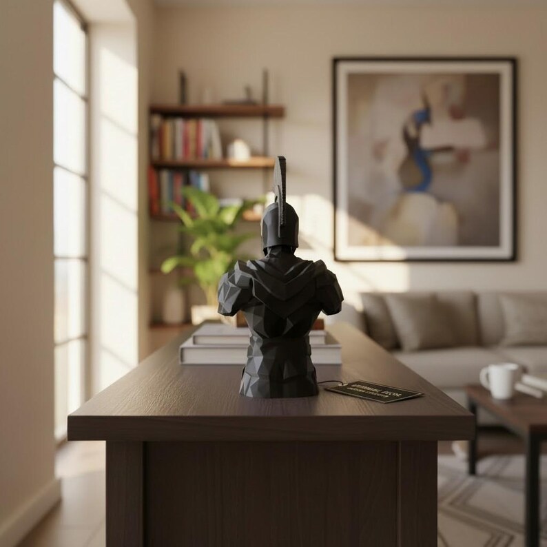 Low Poly Spartan Warrior Bust – Geometric Greek Helmet Statue, Masculine Office Decor image 16