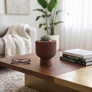 Sereno Ribbed Pedestal Planter, Modern Indoor Plant Pot with Drainage, Minimalist Home Decor image 10