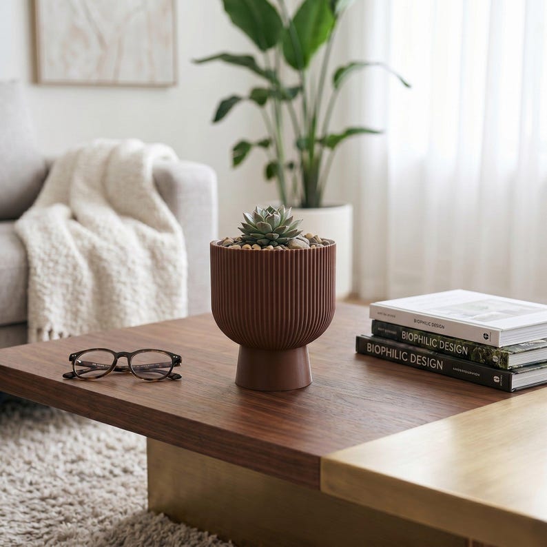 Sereno Ribbed Pedestal Planter, Modern Indoor Plant Pot with Drainage, Minimalist Home Decor image 10