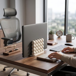 May include: A white laptop stand featuring a grid of spherical bubble shapes on the front, holding a dark gray laptop upright. The stand has a flat base and is positioned on a wooden desk surface. The text BubbleDock - Organised is visible.