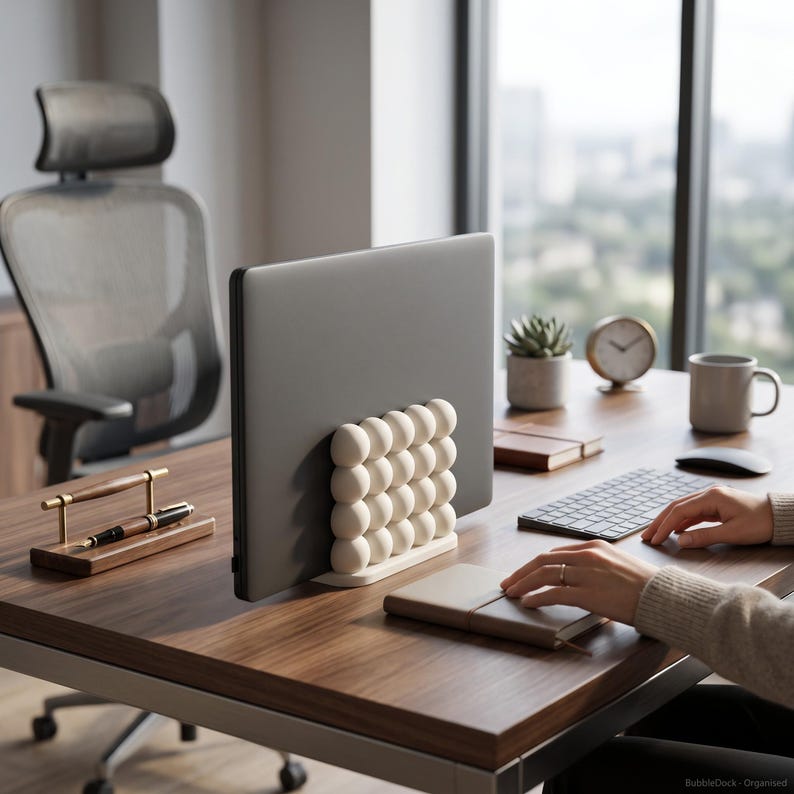 May include: A white laptop stand featuring a grid of spherical bubble shapes on the front, holding a dark gray laptop upright. The stand has a flat base and is positioned on a wooden desk surface. The text BubbleDock - Organised is visible.
