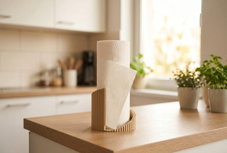 以下が含まれることがあります： 垂直なリブ状のテクスチャを持つ、ライトブラウンの円筒形キッチンペーパーホルダー。ホルダーは湾曲したオープンフロントデザインで、標準的な白いキッチンペーパーのロールをしっかりと支えており、1枚のシートが部分的に垂れ下がっています。
