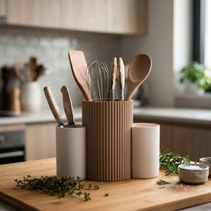 May include: A set of three cylindrical kitchen utensil holders in varying heights and textures, including a tall ribbed brown central holder and two smooth beige side holders, containing wooden spoons, a metal whisk, and metal tongs.