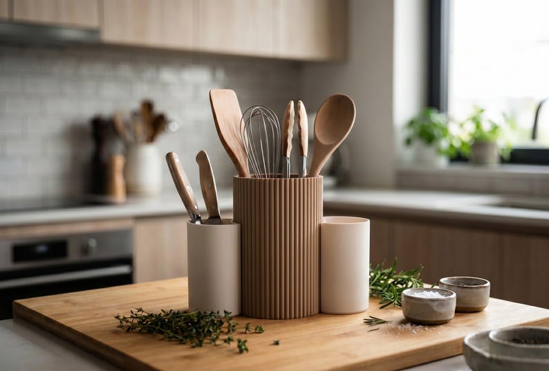 May include: A set of three cylindrical kitchen utensil holders in varying heights and textures, including a tall ribbed brown central holder and two smooth beige side holders, containing wooden spoons, a metal whisk, and metal tongs.
