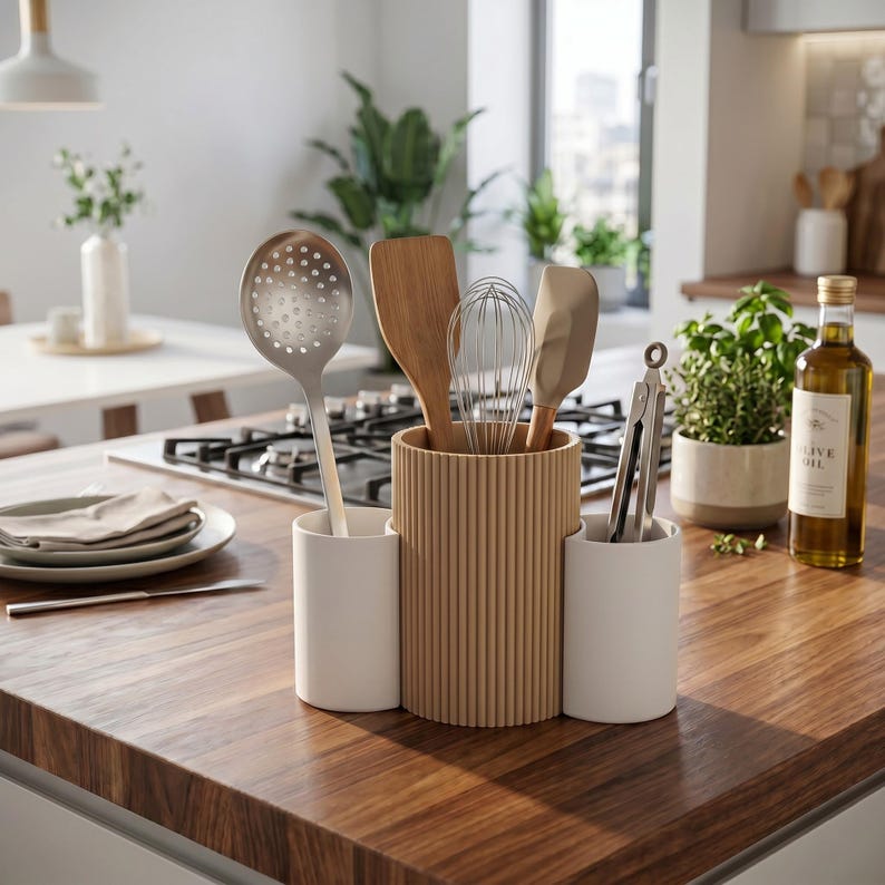 May include: A kitchen utensil holder featuring a central ribbed tan cylinder flanked by two smooth white cylindrical containers. The set holds a metal slotted spoon, a wooden spatula, a wire whisk, a silicone spatula, and metal kitchen tongs.