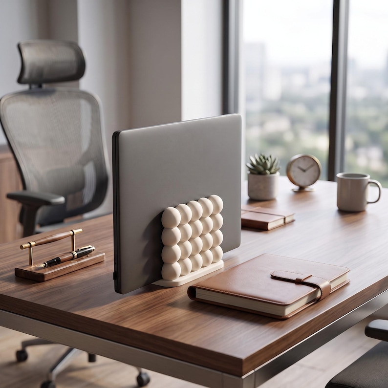 May include: A dark gray laptop held upright by a white stand featuring a grid of sixteen spherical protrusions. The stand is positioned on a wooden desk surface alongside a brown leather-bound notebook, a pen on a stand, a small plant, and a clock.