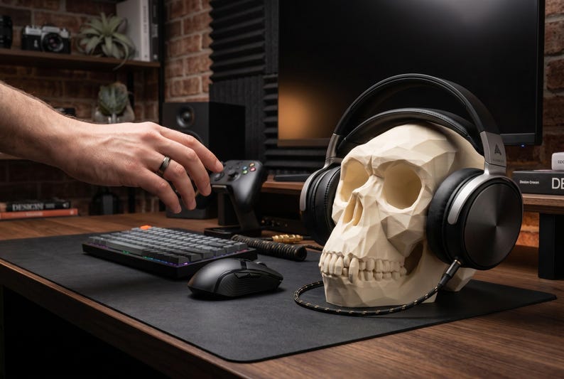 Low Poly Monkey Skull Headphone Stand – Geometric Sculpture, Gamer Desk Decor, PLA+ Plastic image 4