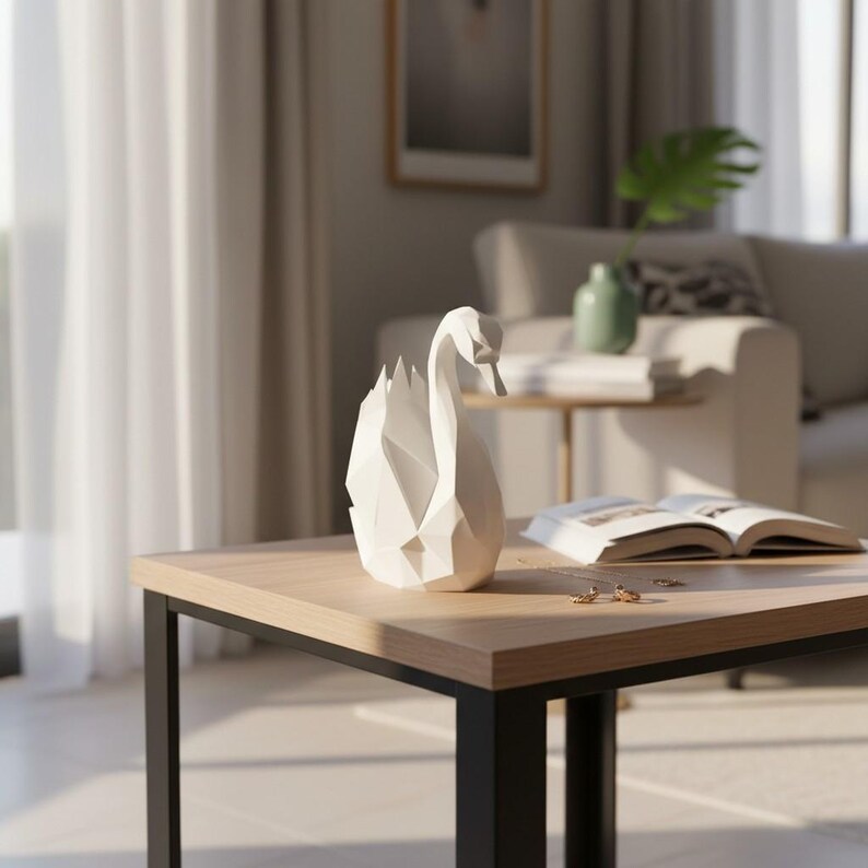 Escultura de cisne de baja poligonalidad, estatua geométrica de pájaro, decoración minimalista blanca. imagen 12