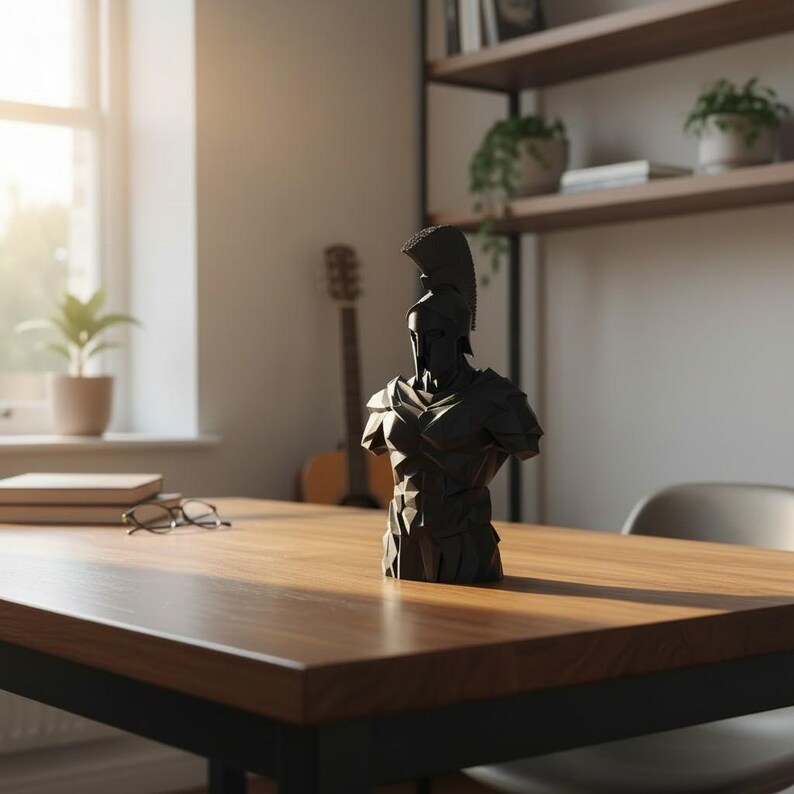 Low Poly Spartan Warrior Bust – Geometric Greek Helmet Statue, Masculine Office Decor image 12