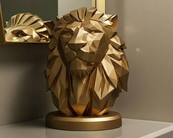 Low Poly Lion Bust Sculpture, Geometric Wildlife Statue, Modern Animal Decor