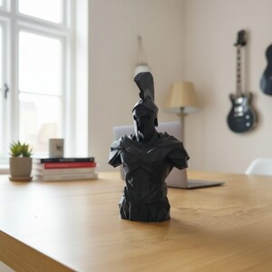 Low Poly Spartan Warrior Bust – Geometric Greek Helmet Statue, Masculine Office Decor image 5