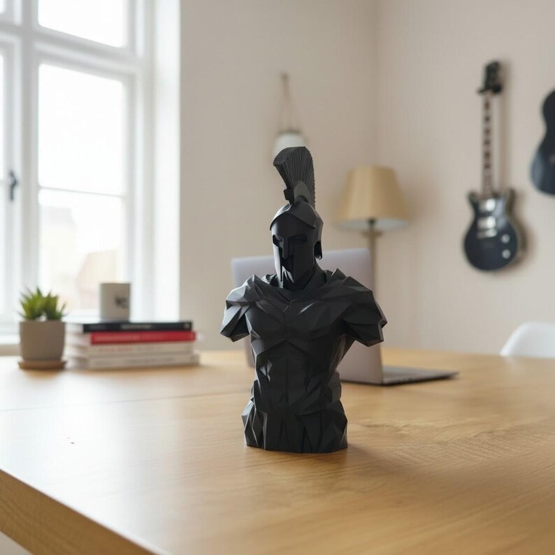 Low Poly Spartan Warrior Bust – Geometric Greek Helmet Statue, Masculine Office Decor image 5