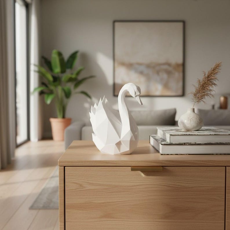 Escultura de cisne de baja poligonalidad, estatua geométrica de pájaro, decoración minimalista blanca. imagen 14