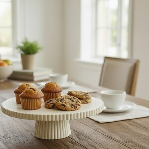 May include: A round, off-white ceramic cake stand with a fluted, ribbed edge and a matching pedestal base. The stand holds two golden-brown muffins in paper liners and three round chocolate chip cookies arranged on its flat, circular surface.