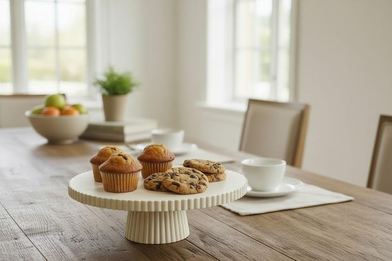 May include: A round, off-white ceramic cake stand with a fluted, ribbed edge and a matching pedestal base. The stand holds two golden-brown muffins in paper liners and three round chocolate chip cookies arranged on its flat, circular surface.