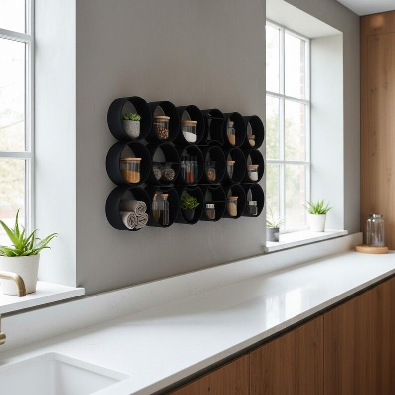 May include: A wall-mounted storage unit composed of multiple interconnected black circular frames. The circular compartments hold various small items including glass jars with wooden lids, rolled towels, and small potted green plants.