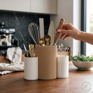 3-Cup Kitchen Utensil Caddy, Countertop Cutlery Organizer, Modern Rotating Flatware Holder for Kitchen image 11