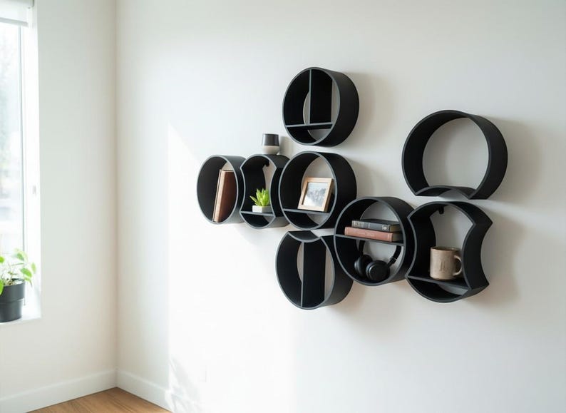 May include: A collection of black circular wall shelves arranged in a cluster. The shelves feature various internal dividers and flat surfaces for storage, holding items such as books, a small potted plant, a picture frame, and a ceramic mug.