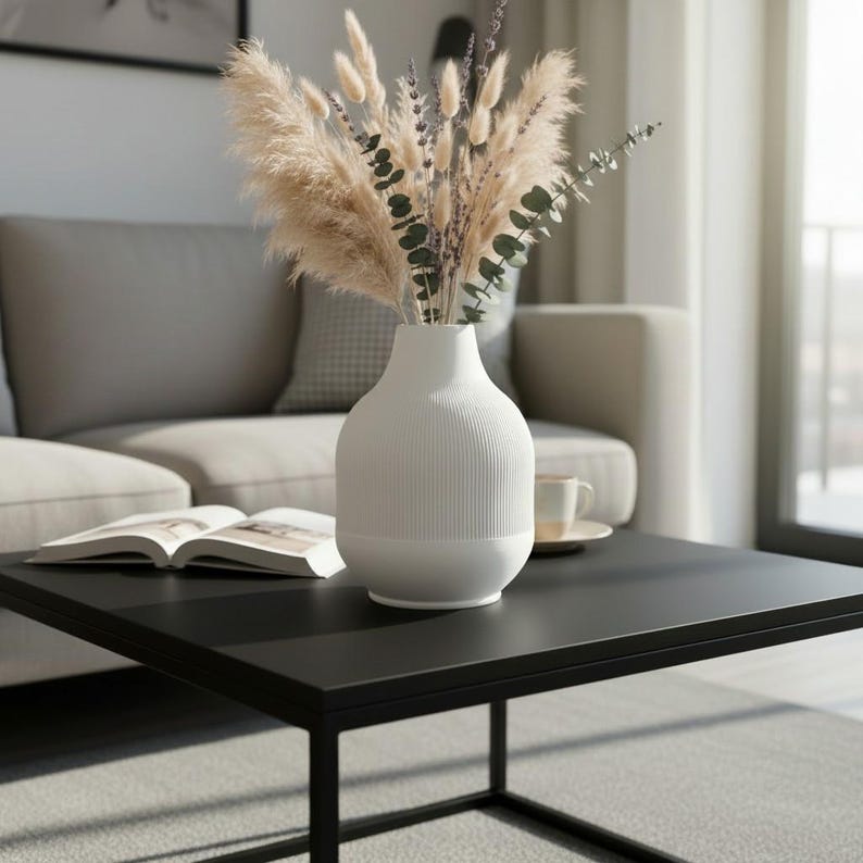 Modern Ribbed Vase, Minimalist Contemporary Home Decor, Decorative Flower Vase image 13