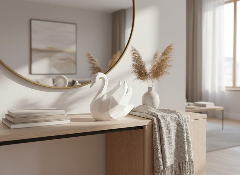Escultura de cisne de baja poligonalidad, estatua geométrica de pájaro, decoración minimalista blanca. imagen 4