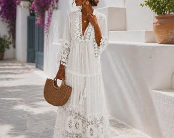 Sukienka maxi z koronką w stylu boho dla kobiet | Sukienka na wakacje na plaży i w kurorcie letnim