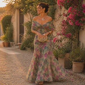 Op de afbeelding: Een vloerlange, schoudervrije jurk met een veelkleurige bloemenprint in tinten groen, paars en roze. Het kledingstuk heeft een geplooid lijfje, een getailleerde taille en een zwierige rok, gecombineerd met een kleine, ronde clutch met patroon.