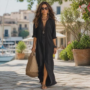 Button Down Maxi Shirt Dress with Front Slit - Women's Loose Fit Summer Resort Wear