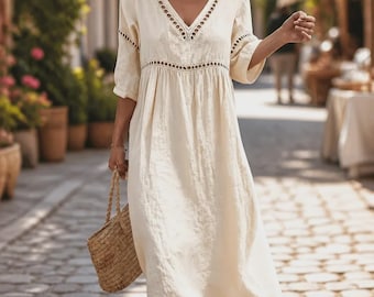 Linen Blend Boho Midi Dress, V Neck Hollow Out A Line Summer Flowy Tunic