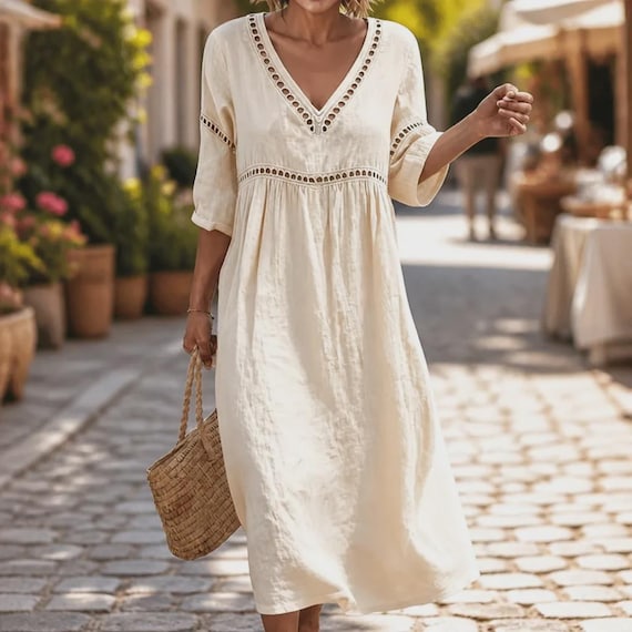 Linen Blend Boho Midi Dress, V Neck Hollow Out A Line Summer Flowy Tunic