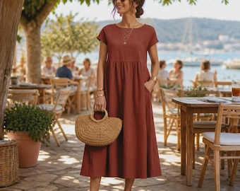 Women's Linen Blend Midi Dress with Pockets, Loose Fit Short Sleeve Round Neck Summer Dress