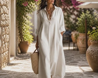 Leinen-Maxikleid für Damen mit Taschen, Oversized-Schnitt, lockeres Boho-Sommerkleid