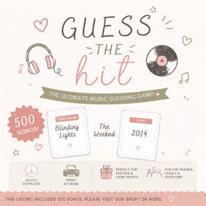 Pode incluir: Um jogo de adivinhação musical intitulado GUESS THE hit, com ilustrações de auscultadores e um disco de vinil. Inclui cartões para nomes de músicas, artistas e anos, com ícones para download digital e impressão em casa.