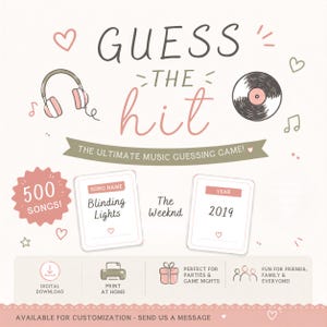 Pode incluir: Um jogo de adivinhação musical intitulado GUESS THE hit com ilustrações de auscultadores e um disco de vinil. Inclui dois cartões com Blinding Lights de The Weeknd de 2019, um emblema de 500 músicas e ícones para download e impressão.