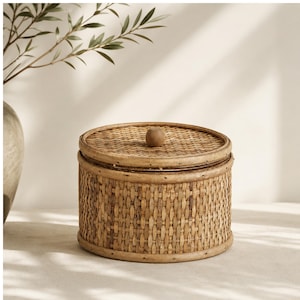 May include: A round, woven rattan storage box with a matching lid. The container features a natural light brown finish and a small, smooth, spherical wooden knob centered on top of the lid. The weave pattern is consistent throughout the sides.