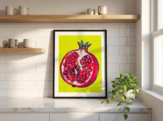 Pomegranate Risograph Print Persephone Mythology Wall Art Bold Pop Art Fruit Print Chartreuse Kitchen Decor Digital Download