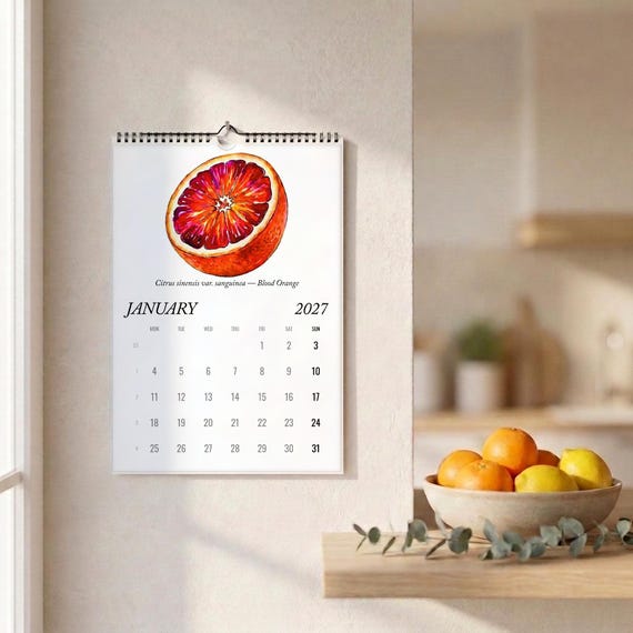 2027 Botanical Wall Calendar, Watercolour Fruit & Mushroom Art, Kitchen Decor (A3/A4)