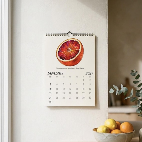 2027 Botanical Wall Calendar, Heirloom Fruit & Mushroom Art, Foodie Kitchen Decor, 12 Month Illustrated Nature Gift