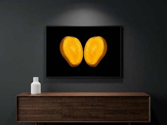 Tropical Mango Fruit Art – Minimalist Food Illustration, Dark Moody Kitchen Decor (Digital Download)