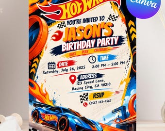 May include: A Hot Wheels themed birthday party invitation featuring a blue race car, orange track loops, and flames. The text reads: You're invited to Jason's Birthday Party, Saturday, July 26, 2025, 2:00 PM - 5:00 PM, 123 Speed Lane, Racing City, CA 90210.