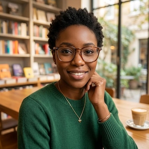 May include: A person with short dark hair wearing brown-rimmed glasses, a green long-sleeved jumper, a thin gold chain necklace with a small triangular pendant, and a simple gold bangle bracelet on their wrist, smiling while looking forward.