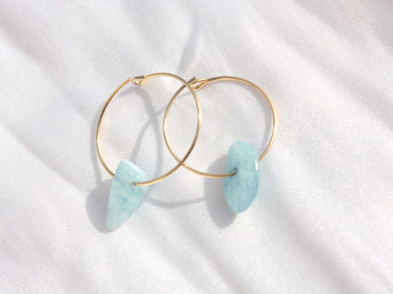 Raw Aquamarine Hoops Gold Hoop Earrings Birthday Gift Hoop Etsy