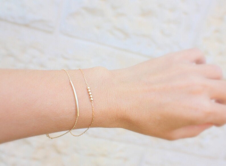 Dainty bracelet set, Set of 2 gold bracelets, thin gold bracelet, 14k gold filled tiny beads and Bar bracelets 
