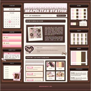Puede incluir: Un diseño de sitio web titulado Neapolitan Station con una paleta de colores marrón y rosa. El diseño incluye un calendario, menús de navegación, cuadros de texto y una cuadrícula de imágenes pequeñas. El fondo muestra un patrón repetitivo de osos rosas, remolinos de chocolate, notas musicales y motivos de cuadros.