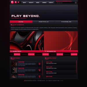 Può includere: Un'interfaccia web dal tema scuro con sfondo nero e accenti rosso vibrante. L'intestazione mostra il testo PLAY BEYOND e U.W. ARCHIVE // SECTOR 01. Il layout include menu di navigazione, grafiche astratte rosse e blocchi di testo.